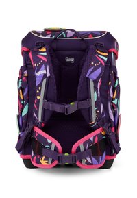 Paarse rugzak met kleurrijke bladmotieven, mesh-details, verstelbare riemen en een gewatteerde achterkant. Voorzien van een bovenhandvat en zijvakken.
