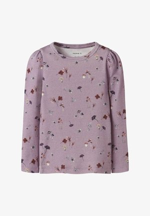 Lilac long-sleeve toddler shirt with puffed shoulders, featuring a scattered pattern of small mushrooms, leaves, and flowers.