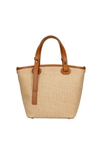 Spleciona torebka z rafii z brązowymi skórzanymi uchwytami, z okrągłymi otworami po bokach i wzmocnionymi szwami, o zorganizowanym kształcie i teksturowanym wykończeniu.