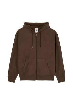 Sweat à capuche zippé marron avec capuche à cordon, poches frontales, poignets et ourlet côtelés, et logo "element" discret sur la poitrine.