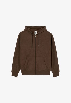 Sweat à capuche zippé marron avec capuche à cordon, poches frontales, poignets et ourlet côtelés, et logo "element" discret sur la poitrine.