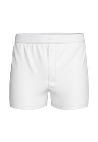Weißer Baumwollboxershorts mit Knopfverschluss, elastischem Bund und genähten Details für eine enge Passform. Einfaches und klassisches Design.
