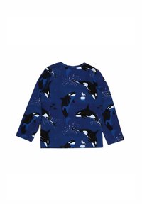 Langärmliges Hemd aus dunkelblauem Stoff mit einem Muster aus schwarzen und weißen Orcas sowie einer Möwe, verziert mit Spritzern und Eiskontrasten.