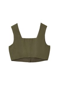 Top corto senza maniche di colore verde oliva, con spalline larghe e scollatura quadrata, realizzato in tessuto testurizzato, adagiato su uno sfondo bianco.