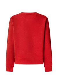 Sweat-shirt rouge à manches longues col rond avec poignets et ourlet côtelés, vu de dos sur fond blanc.