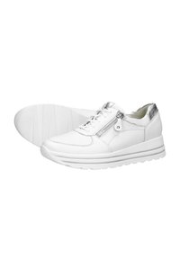 White leather sneakers with a rounded toe, silver accents on the heel, functional side zipper, and textured rubber sole.