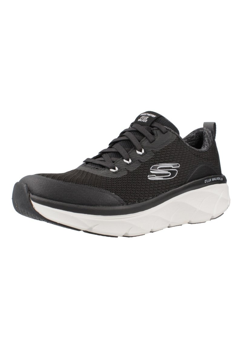 Schwarzer Sportschuh mit Mesh-Obermaterial, weißer gepolsterter Sohle und strukturierten Details. Verfügt über ein Logo an der Seite und ein Schnürdesign.