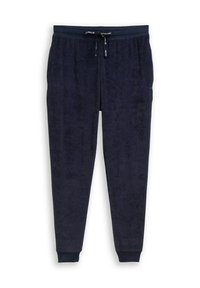 Jogging en polaire bleu marine avec une taille élastique, un cordon de serrage ajustable, et des jambes fuselées avec des cuffs côtelés. Texture douce sur l'ensemble.