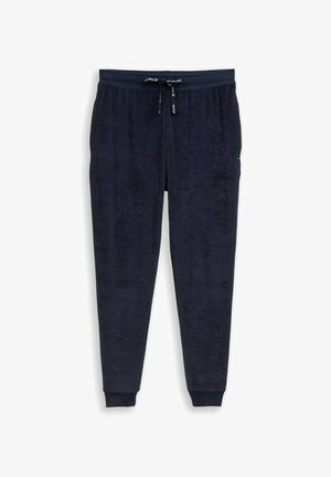 Marineblauwe fleece joggingbroeken met een elastische tailleband, verstelbare trekkoord en taps toelopende pijpen met ribgebreide boorden. Zachte textuur overal.