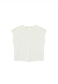 Top blanco de manga corta con cuello redondo y ajuste holgado. Hecho de una tela suave y ligera. Diseño minimalista sin patrones visibles.