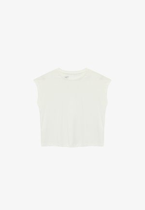 Weißes, kurzärmliges Oberteil mit rundem Halsausschnitt und lockerer Passform. Aus einem glatten, leichten Stoff gefertigt. Minimales Design ohne sichtbare Muster.