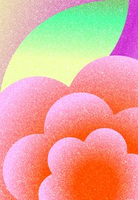 Forme astratte a strati che ricordano petali in rosa, rosso, verde e viola con un effetto testurizzato simile a glitter.