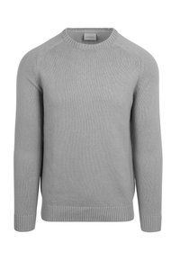 Grau gestrickter Pullover mit rundem Hals, langen Ärmeln, gerippten Bündchen und Saum. Angenehme Textur, normale Passform. Minimalistisches Design, ohne Muster.