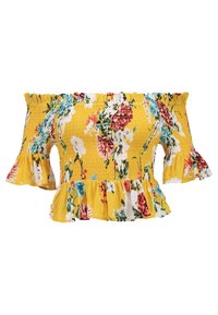 Top amarillo con hombros descubiertos y estampado floral. Cuerpo fruncido, mangas con volantes y dobladillo acampanado. El material parece ligero y con textura.