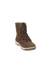 Brauner wasserdichter Stiefel mit einer strukturierten Lederoberfläche, Kunstfell-Futter und grauen Schnürsenkeln. Verfügt über einen gepolsterten Kragen und eine kontrastierende weiße Sohle.