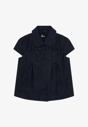 Donkerdenim blouse met korte mouwen, een ronde kraag, twee knopen aan de voorkant en een geplooid ontwerp voor extra textuur.