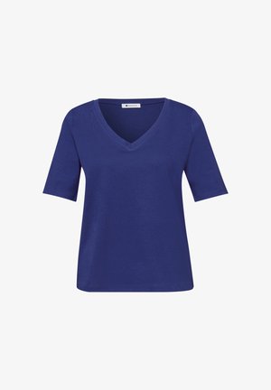 Blå kortærmet V-hals T-shirt til kvinder med lige kant og glat stofstruktur, vist på en hvid baggrund.