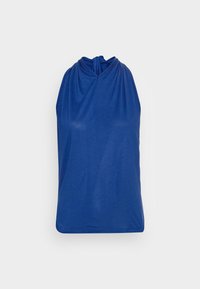 Top azul sem mangas com um design frontal torcido, feito de tecido macio, apresentando um corte descontraído e uma textura suave. Sem padrões ou detalhes visíveis.