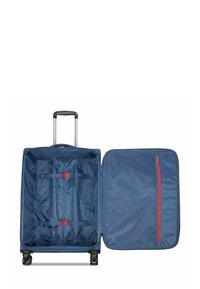 Blauer Hartschalenkoffer mit einem ausziehbaren Griff, vier Rädern, einem Reißverschlussfach und Innenriemen zur Sicherung der Gegenstände.