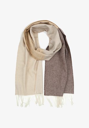 Gebreide sjaal met een verloop van lichtbeige naar donkerbruin, met een zachte textuur en franjes aan beide uiteinden.