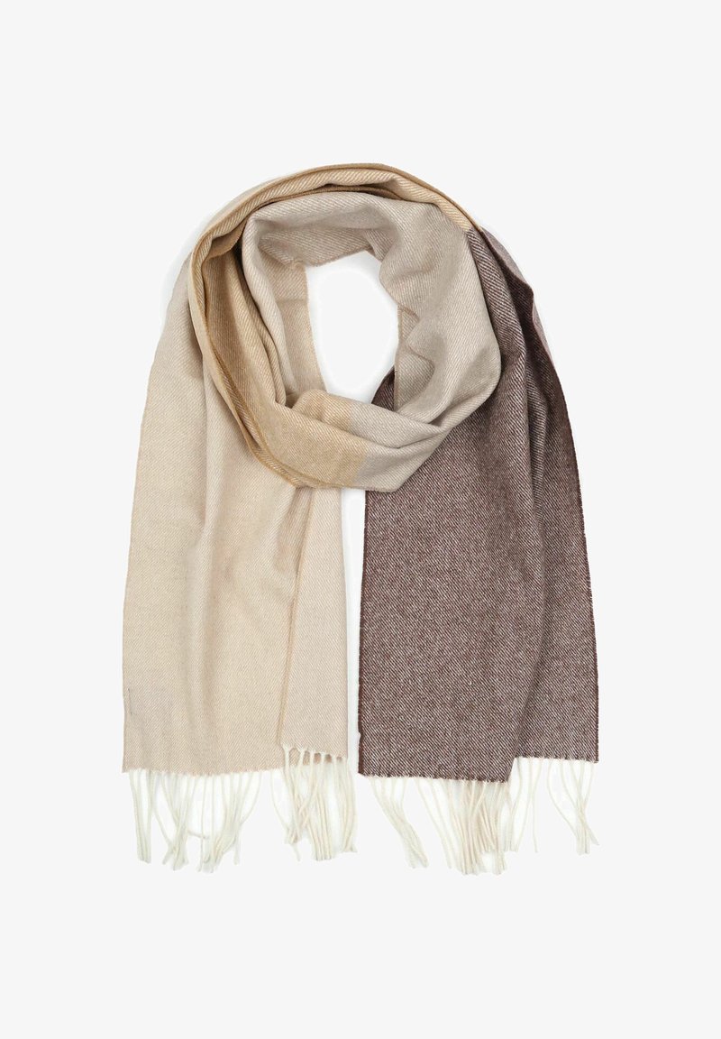 Gebreide sjaal met een verloop van lichtbeige naar donkerbruin, met een zachte textuur en franjes aan beide uiteinden.