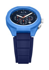 Orologio cronografo al quarzo con cassa in silicone blu, cinturino blu navy, quadrante nero, indici delle ore bianchi e dettagli rossi sui sottodial e sulle lancette.