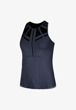 Top senza maniche di colore blu navy con dettagli in rete nera attorno scollatura e parte superiore del petto, silhouette aderente.