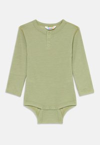 Bodysuit de bebé em verde claro, com mangas longas e nervuras, equipado com botões de pressão no pescoço e na zona da virilha para facilitar o vestir.