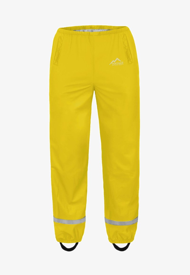 Gelbe Regenhosen aus wasserdichtem Material, mit einem elastischen Bund, reflektierenden Streifen an den Knöcheln und seitlichen Taschen.