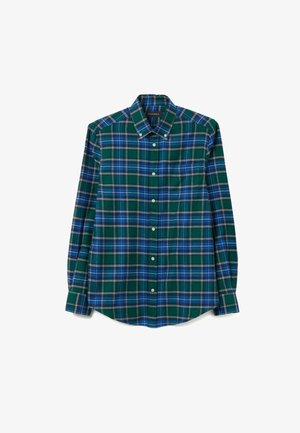 Camicia a quadri verdi e blu con collo button-down, maniche lunghe e taschino sul petto. Il tessuto ha una texture liscia e un motivo a quadri classico.