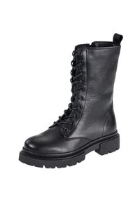 Stivaletto in pelle nera con lacci sulla parte anteriore, superficie texturizzata, suola in gomma robusta e linguetta superiore per una facile calzata.