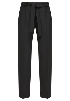 Čierne upravené nohavice s hladkou textúrou, s šírkou opaskom v oblasti pásu a strihom s rovnými nohavicami. Žiadne viditeľné vzory ani akcenty.