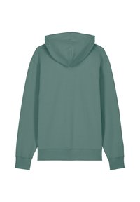 Kapuzensweatshirt in Teal mit langen Ärmeln, entspannter Passform und einem glatten Baumwoll-Mix-Stoff mit gerippten Bündchen und Saum.