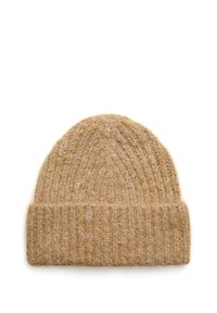 Uld beanie i lysebrun, med ribbet tekstur og foldet manchet-design; blød og let fuzzy udseende.