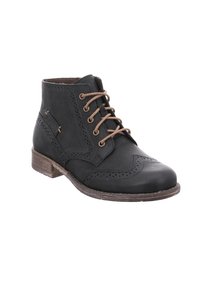 Schwarze Leder-Ankle-Boots mit Brogue-Verzierungen, Schnürung vorne, braunen Schnürsenkeln und niedrigem braunen Holzabsatz. Texturierte Oberfläche mit Akzentpaneel.