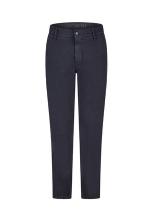 Dunkel marineblaue Hose mit geradem Bein, Gürtelschlaufen, Frontknopf und Reißverschluss, auf weißem Hintergrund abgebildet.