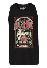 Čern�ý bezrukávový top s grafikou červeného a bílého děla a texty "AC/DC", "1981" a "FOR THOSE ABOUT TO ROCK."