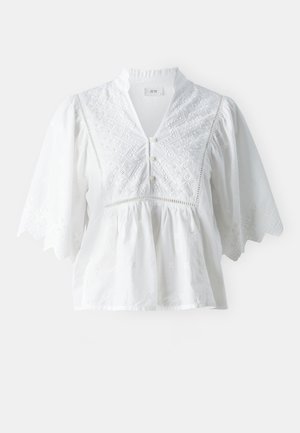 Witte katoenen blouse met korte uitlopende mouwen, voorzien van geborduurde patronen, een v-hals, knoopsluiting en een geraffineerde taille voor een ontspannen pasvorm.