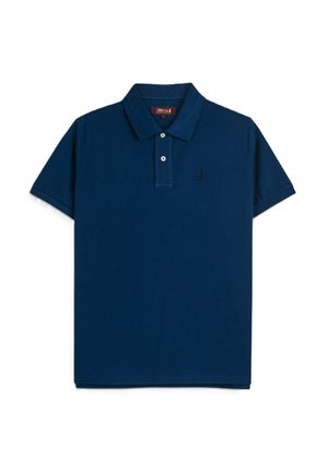 Polo blu navy a maniche corte con due bottoni bianchi e un piccolo logo ricamato sul petto sinistro.