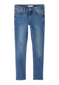 Kék denim anyagból készült skinny farmernadrág. Öt zsebes kialakítás, látható varrás és rojtos szegély jellemzi. Szabványos elülső gomb és cipzáros záródás.