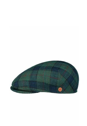 Green and blue plaid flat cap with a small round brown and yellow logo tag on the side.