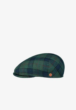 Green and blue plaid flat cap with a small round brown and yellow logo tag on the side.