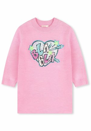 Pull rose à manches longues avec poignets et encolure côtelés, orné d’un patch cœur à sequins avec le texte "BLA BLA" et des étoiles colorées.