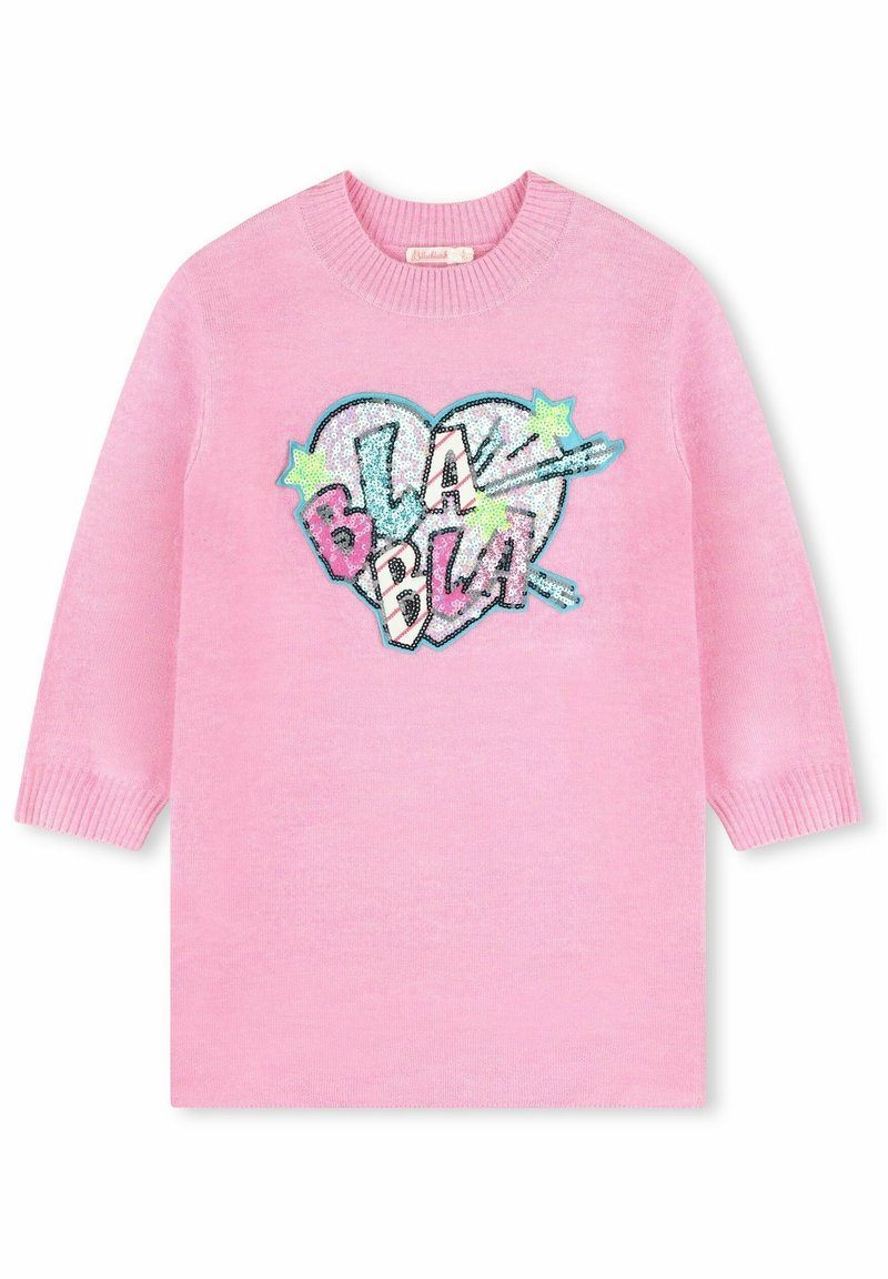 Pull rose à manches longues avec poignets et encolure côtelés, orné d’un patch cœur à sequins avec le texte "BLA BLA" et des étoiles colorées.