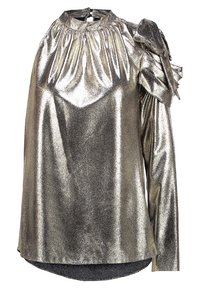 Metallic gold long-sleeve blouse with gathered neckline and ruffled shoulder detail; smooth texture; relaxed fit with a slightly curved hem.