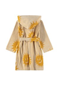 Roveto da bagno beige con cappuccio, decorato con motivi di sole sorridente giallo, maniche lunghe e una cintura abbinata legata in vita, mostrato da dietro.