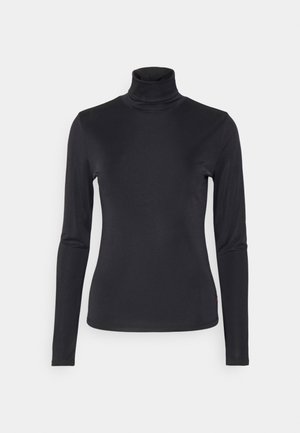 Zwarte coltrui met lange mouwen, gemaakt van een gladde, rekbare stof. Heeft een aansluitend ontwerp en een hoge kraag. Minimalistische stijl, zonder zichtbare patronen.