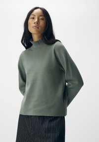 Vrouw met lang, donker haar, gekleed in een gedempte groene turtleneck trui en donkergestreepte broek, staande tegen een effen achtergrond.
