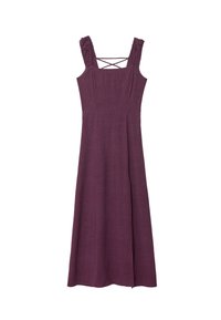Robe midi sans manches couleur prune avec bretelles froncées et détails croisés à l'encolure carrée.