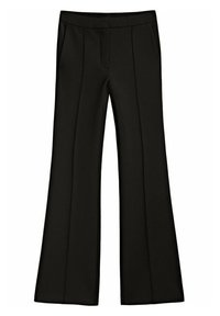 Pantalon noir évasé avec une texture lisse, doté d'une taille mi-haute, de deux poches latérales et de plis marqués à l'avant.
